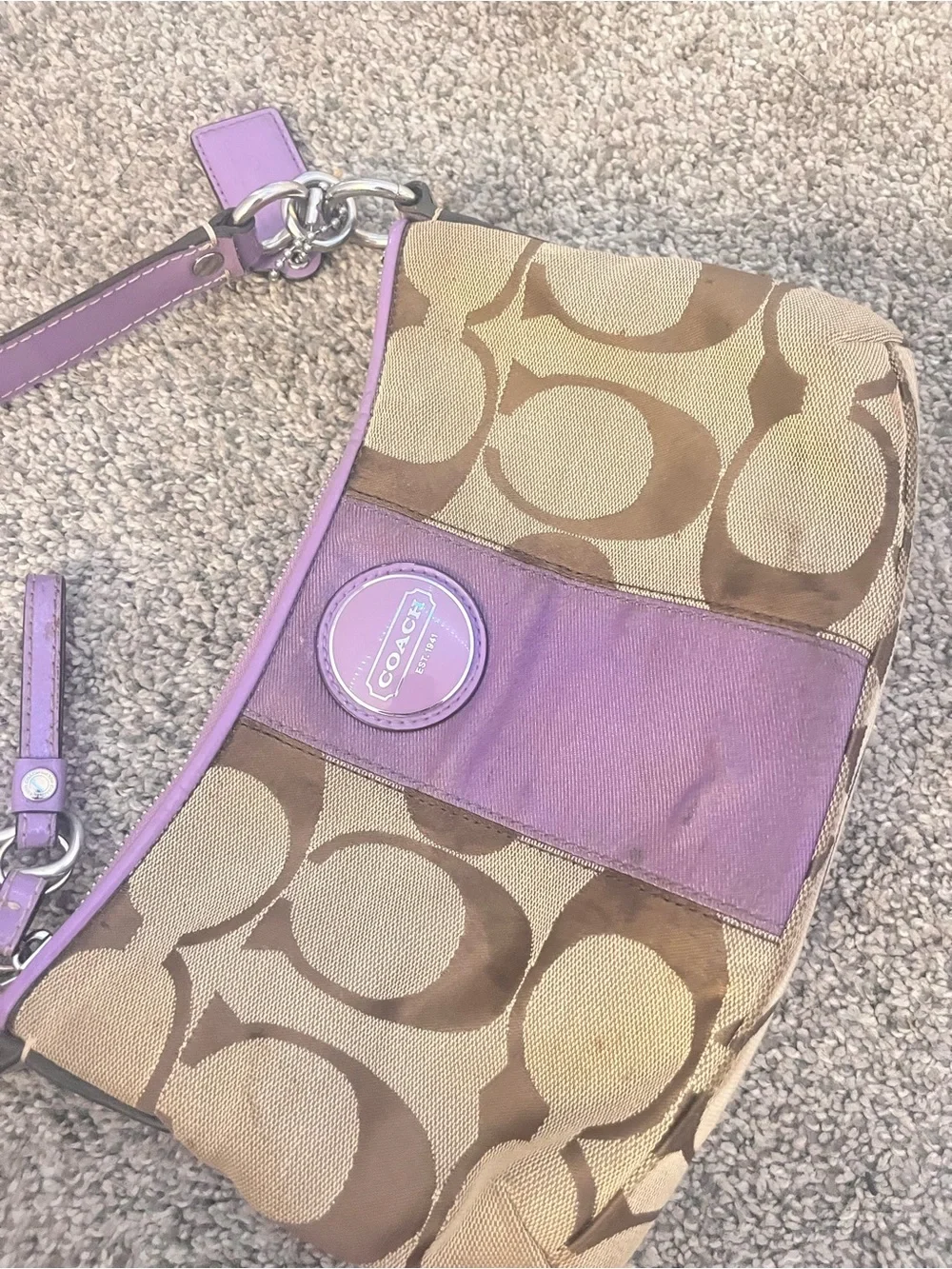 Coach Signature Canvas Shoulder Bag with Purple Trim